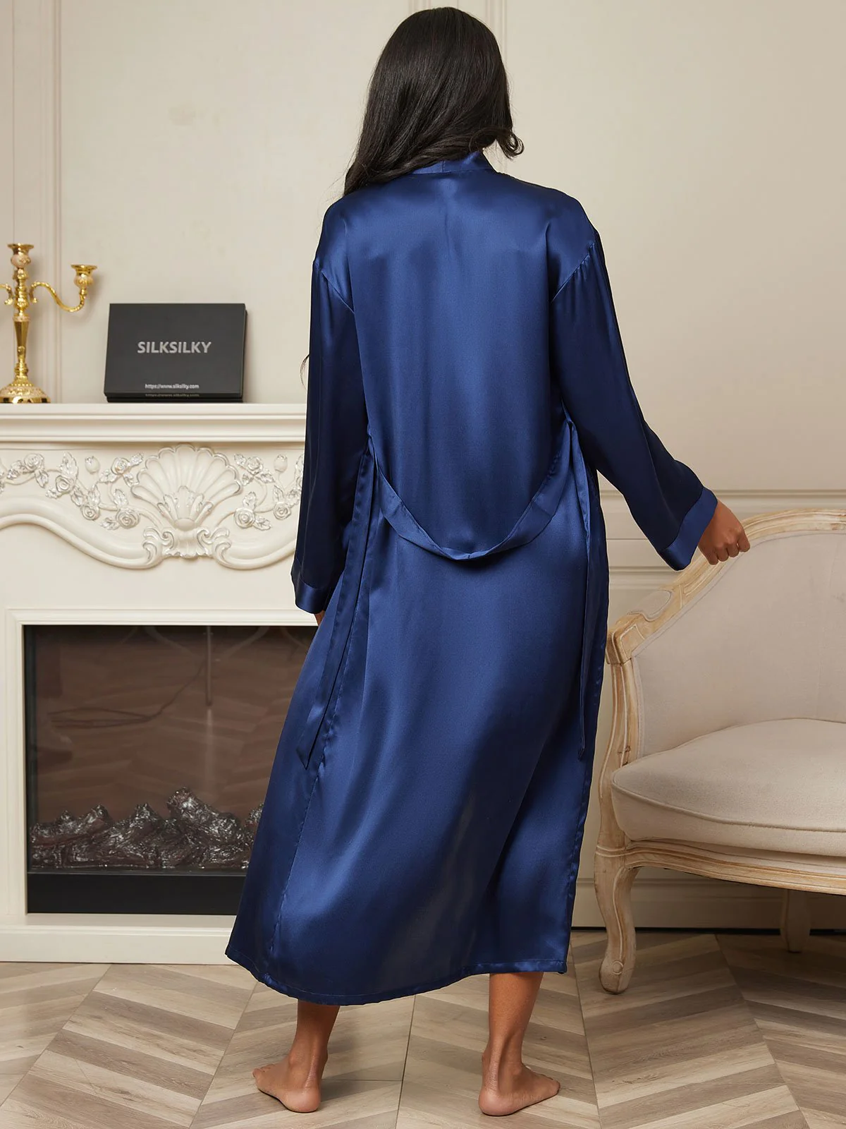 Peignoir Portefeuille Mi-Long En Pure Soie Pour Femme À Manches Longues