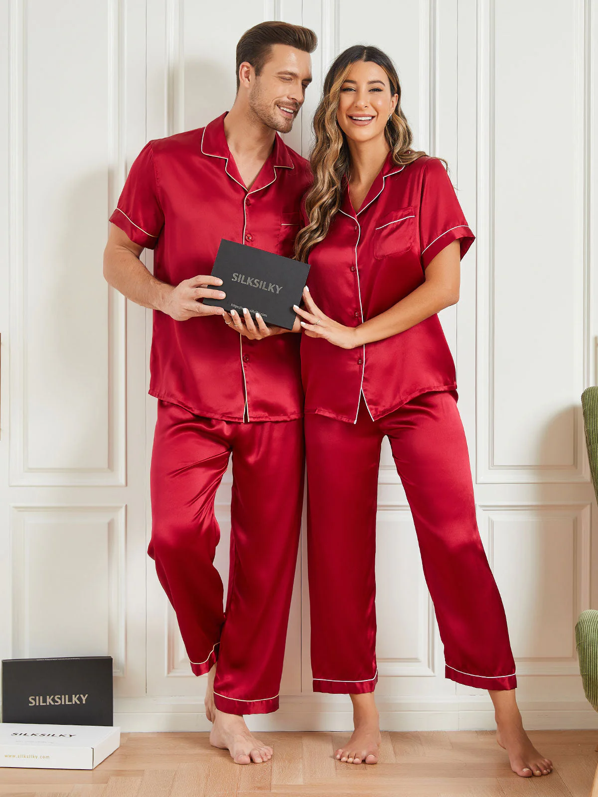 Ensembles de Pyjama de Couple à Manches Courtes en Soie Pure Total 4Pcs – Image 4