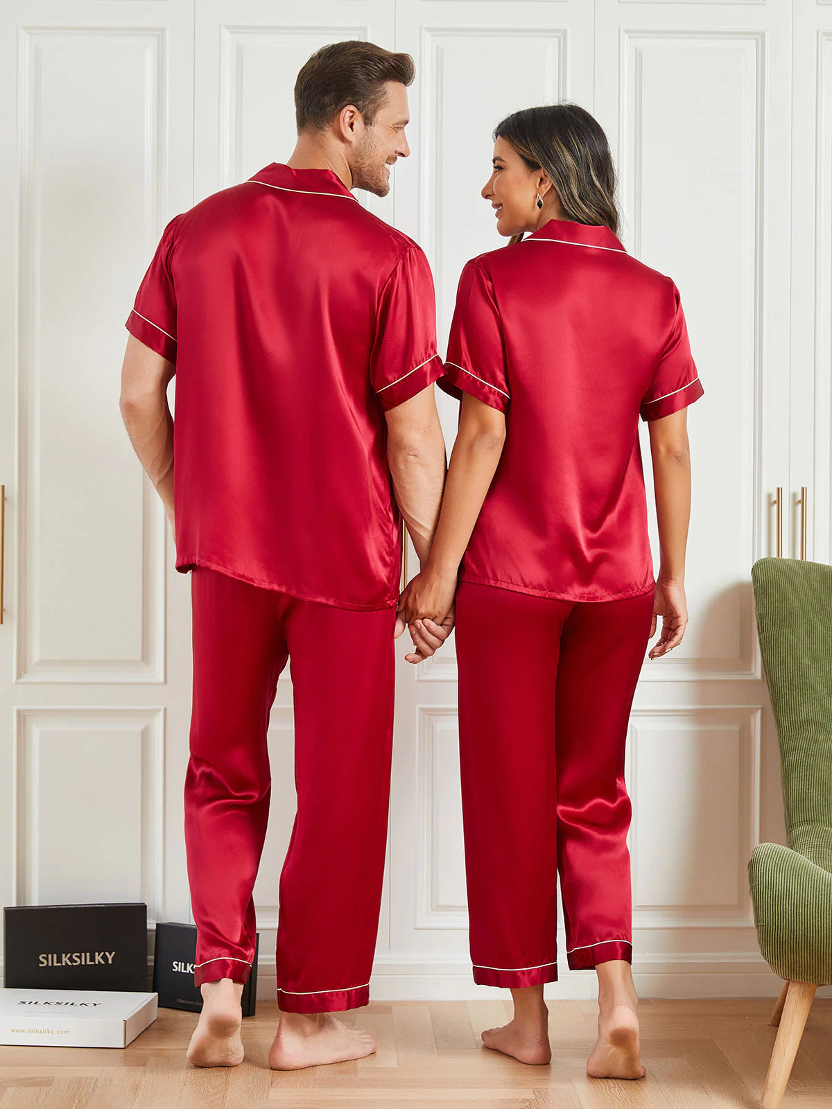 Ensembles de Pyjama de Couple à Manches Courtes en Soie Pure Total 4Pcs – Image 2