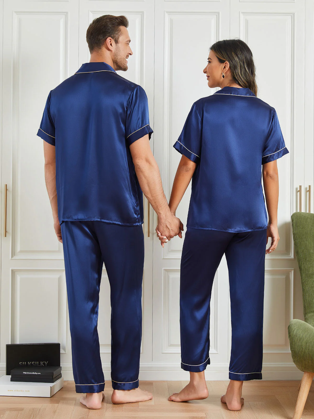 Ensembles de Pyjama de Couple à Manches Courtes en Soie Pure Total 4Pcs – Image 7