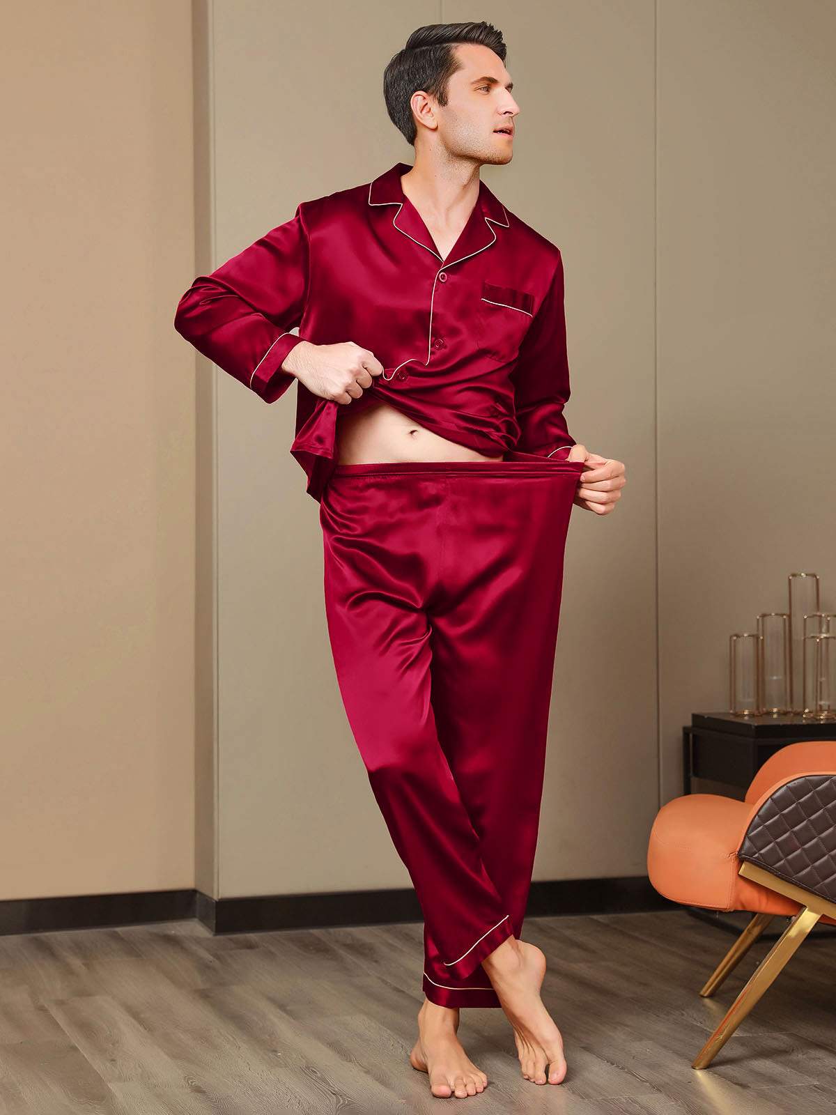 Ensemble Pyjama Pour Homme En Pure Soie À Manches Longues Avec Col À Revers – Image 7