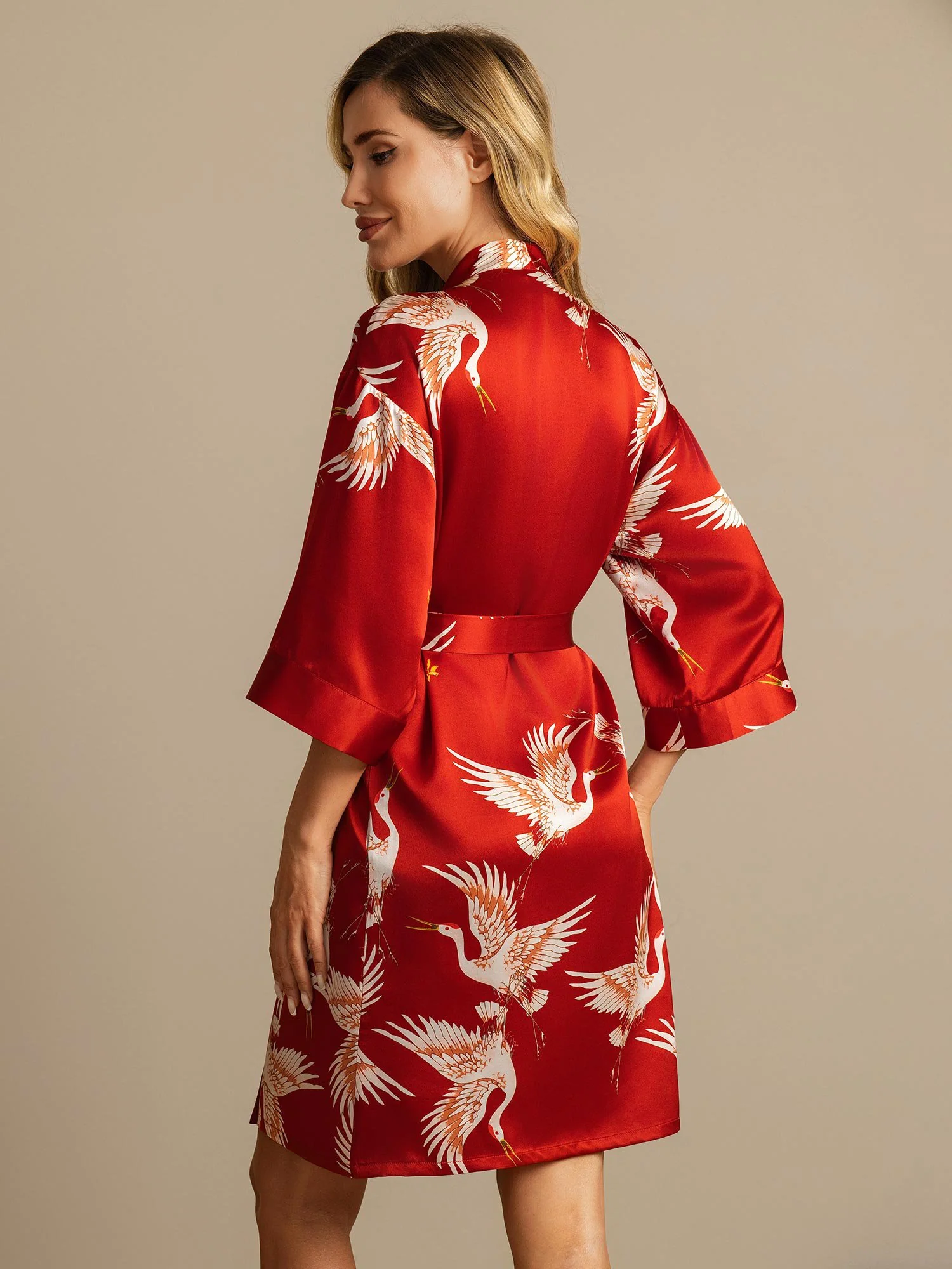 19Momme Pure Soie Imprimé Grue Peignoir Kimono Pour Femme à Ceinture