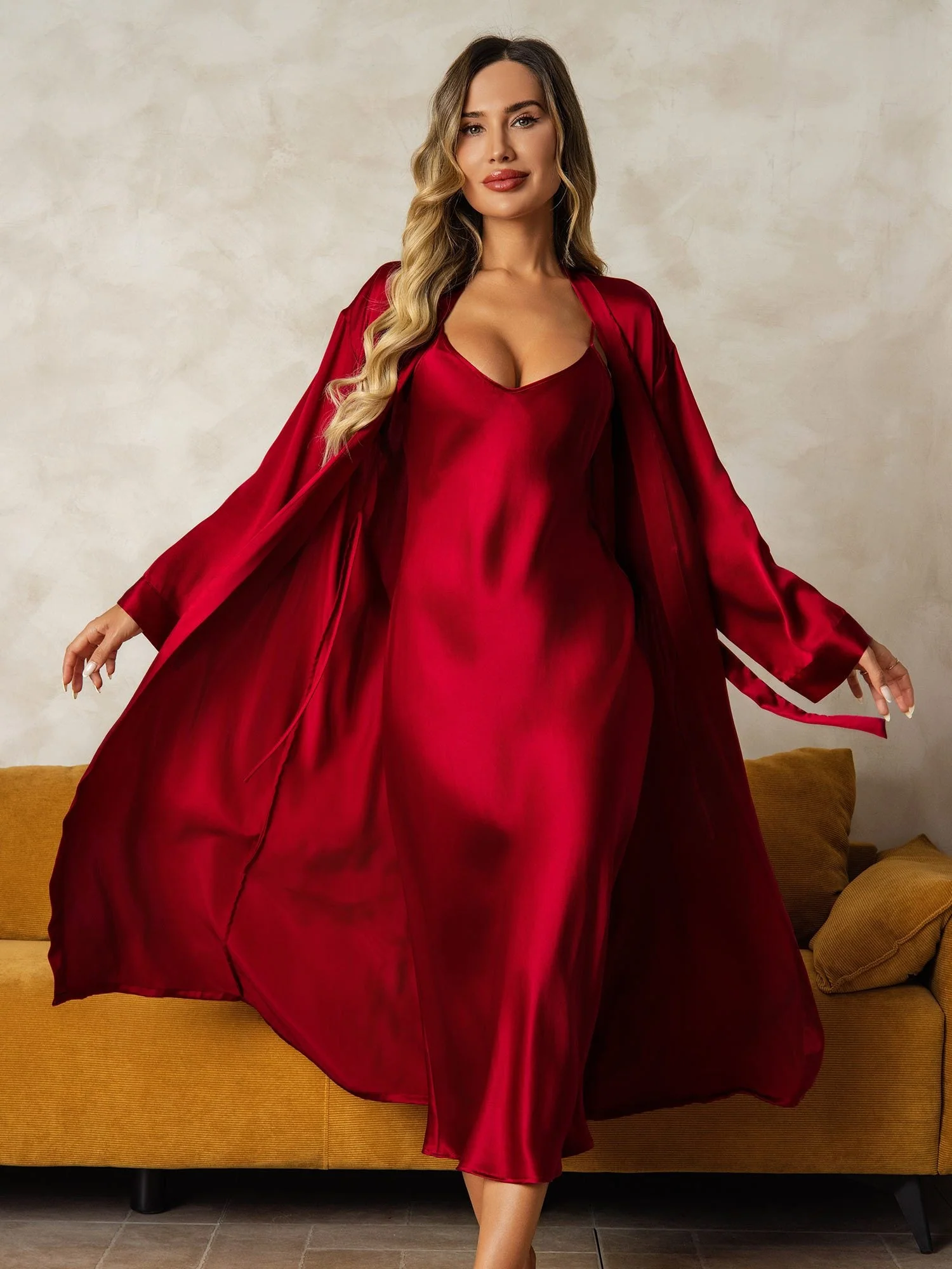 Soie Pure Col en V Longueur Midi Chemises de Nuit & Peignoir, Ensemble 2 Pièces – Image 4