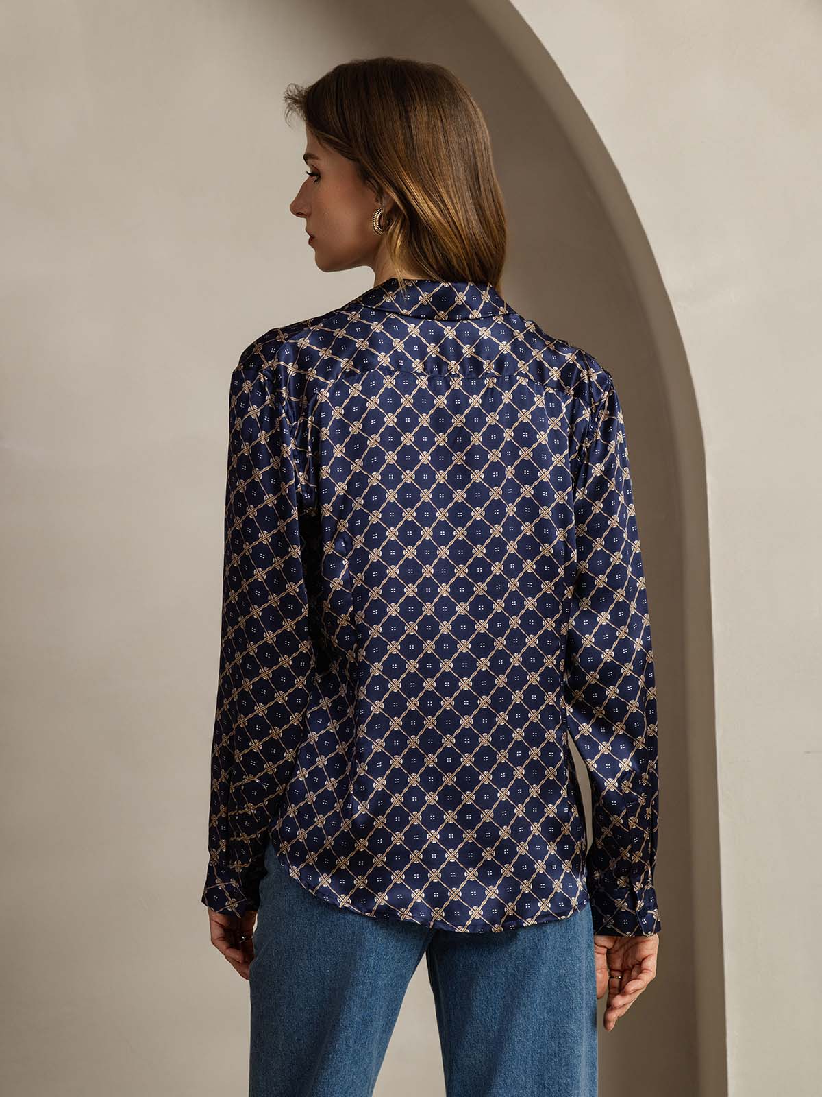 Chemise Femme À Manches Longues Col Revers En Soie 19Momme Imprimé Chaîne Marine