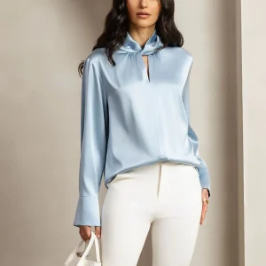 Blouse En Soie 19 Momme À Col Goutte D’eau Avec Boutons En Perle