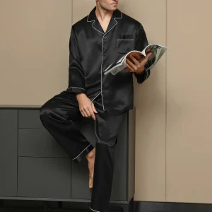 Ensemble Pyjama Pour Homme En Pure Soie À Manches Longues Avec Col À Revers Et Boutonnage