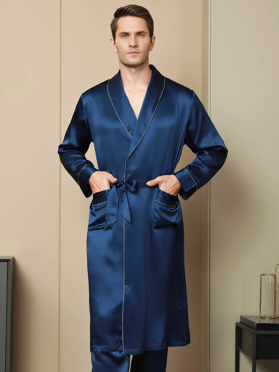 Peignoir Ceinturée Contrastante En Pure Soie (Sans Pantalon)