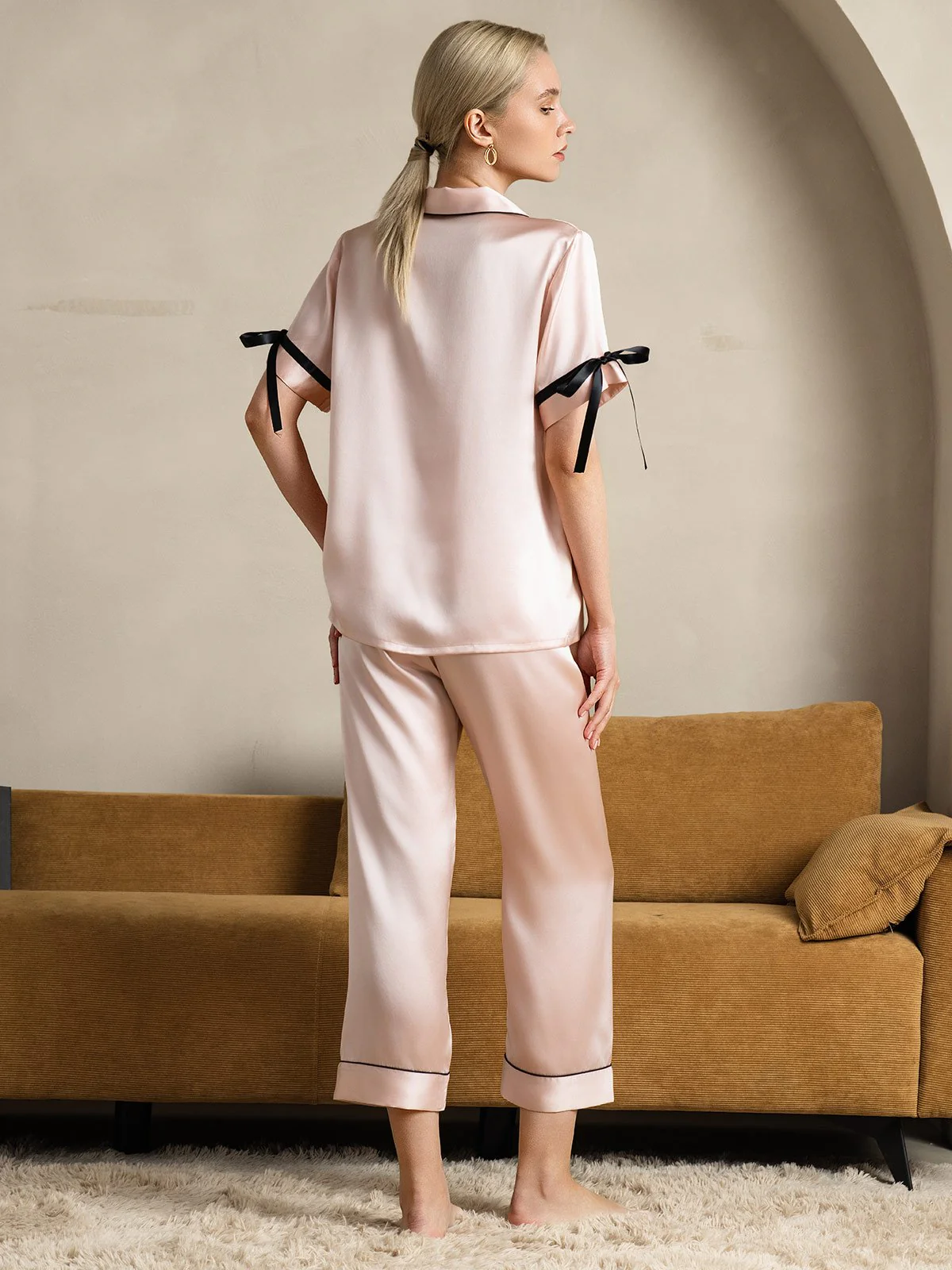 Pure Soie Courtes Manches Pantalon Pyjama Set