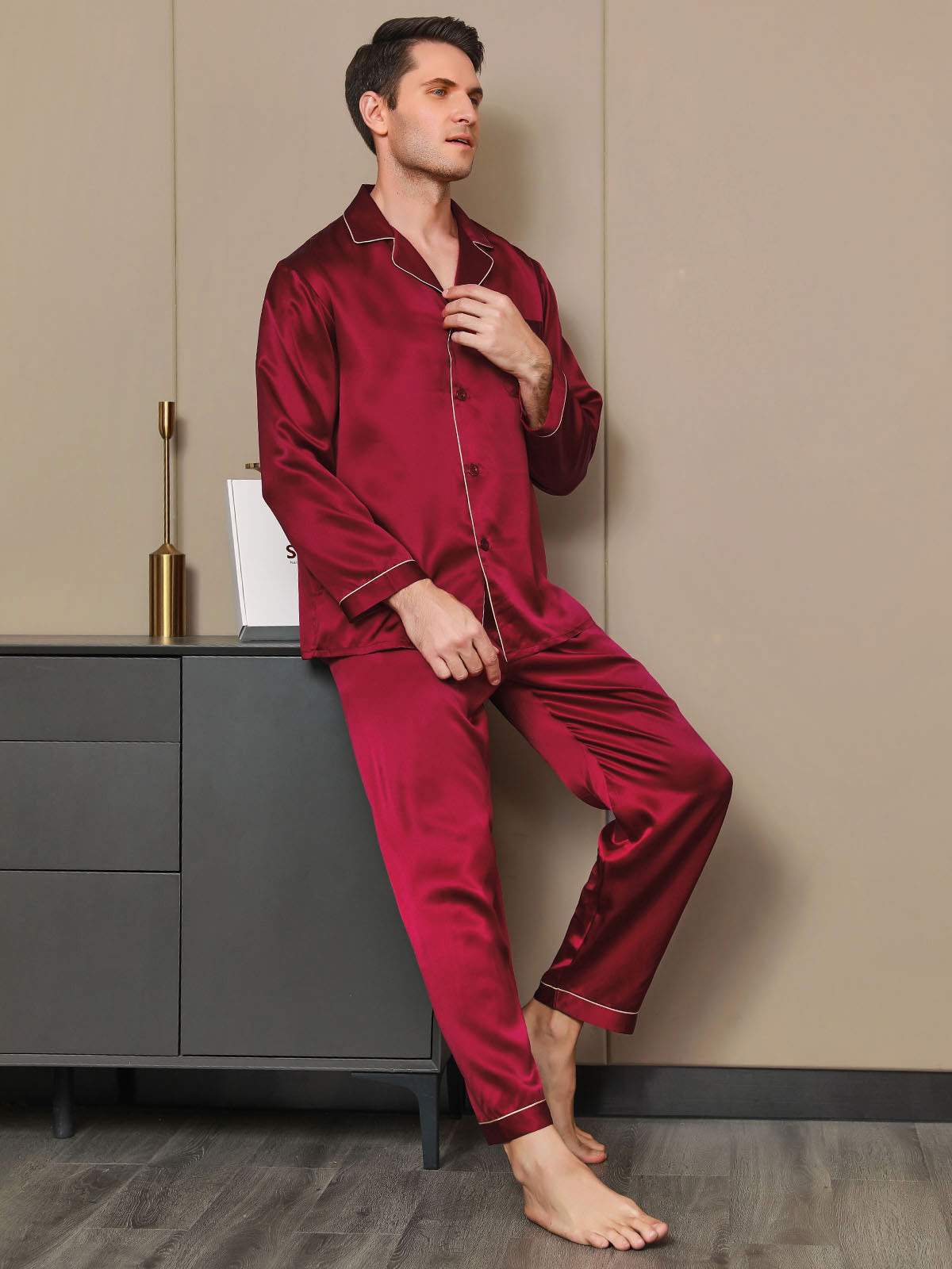 Ensemble Pyjama Pour Homme En Pure Soie À Manches Longues Avec Col À Revers – Image 3