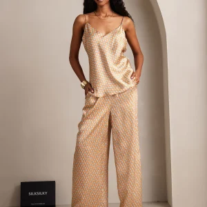 Ensemble Femme Soie Pure Imprimé Géométrique Bretelles Spaghetti Décolleté V Et Pantalon Large