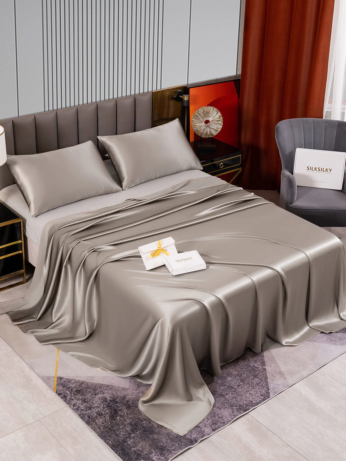 22Momme 3Pcs Set de soie Draps Plat+2x Taies d‘oreiller