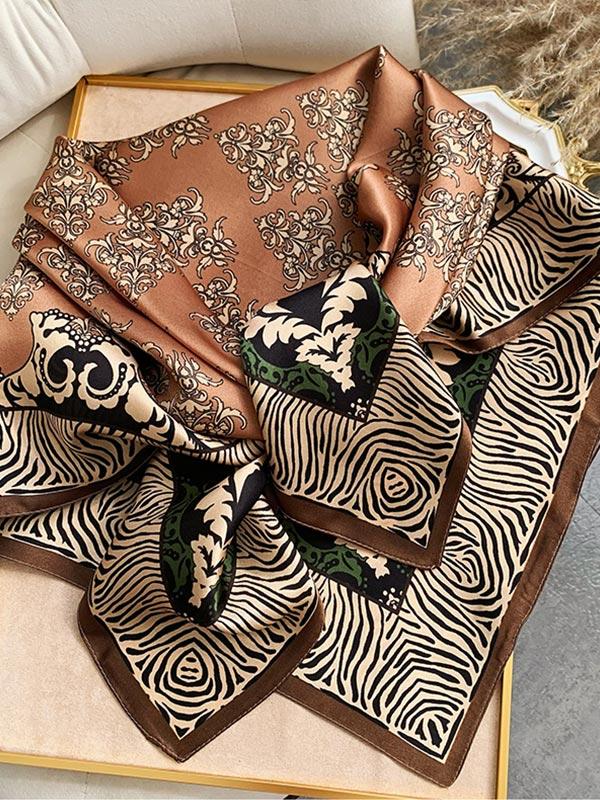 Foulard Carré en Soie Florale Marron 88x88cm