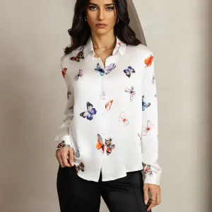 Chemise Femme À Manches Longues Col Revers En Soie 19Momme Imprimé Papillon
