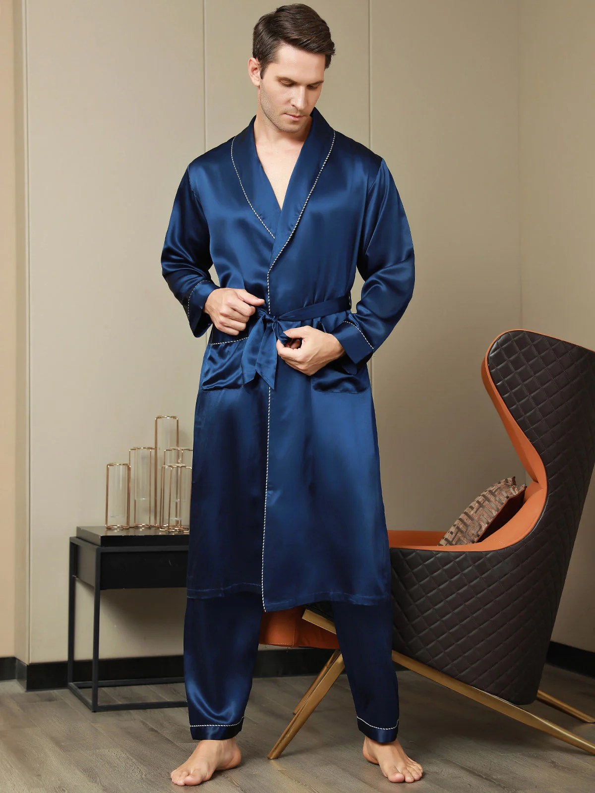 Peignoir Ceinturée Contrastante En Pure Soie (Sans Pantalon) – Image 6