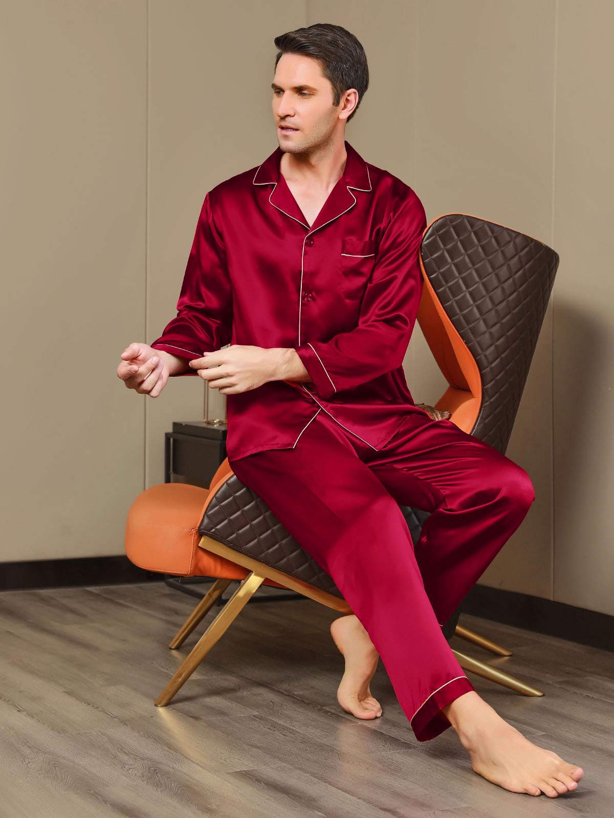 Ensemble Pyjama Pour Homme En Pure Soie À Manches Longues Avec Col À Revers – Image 4