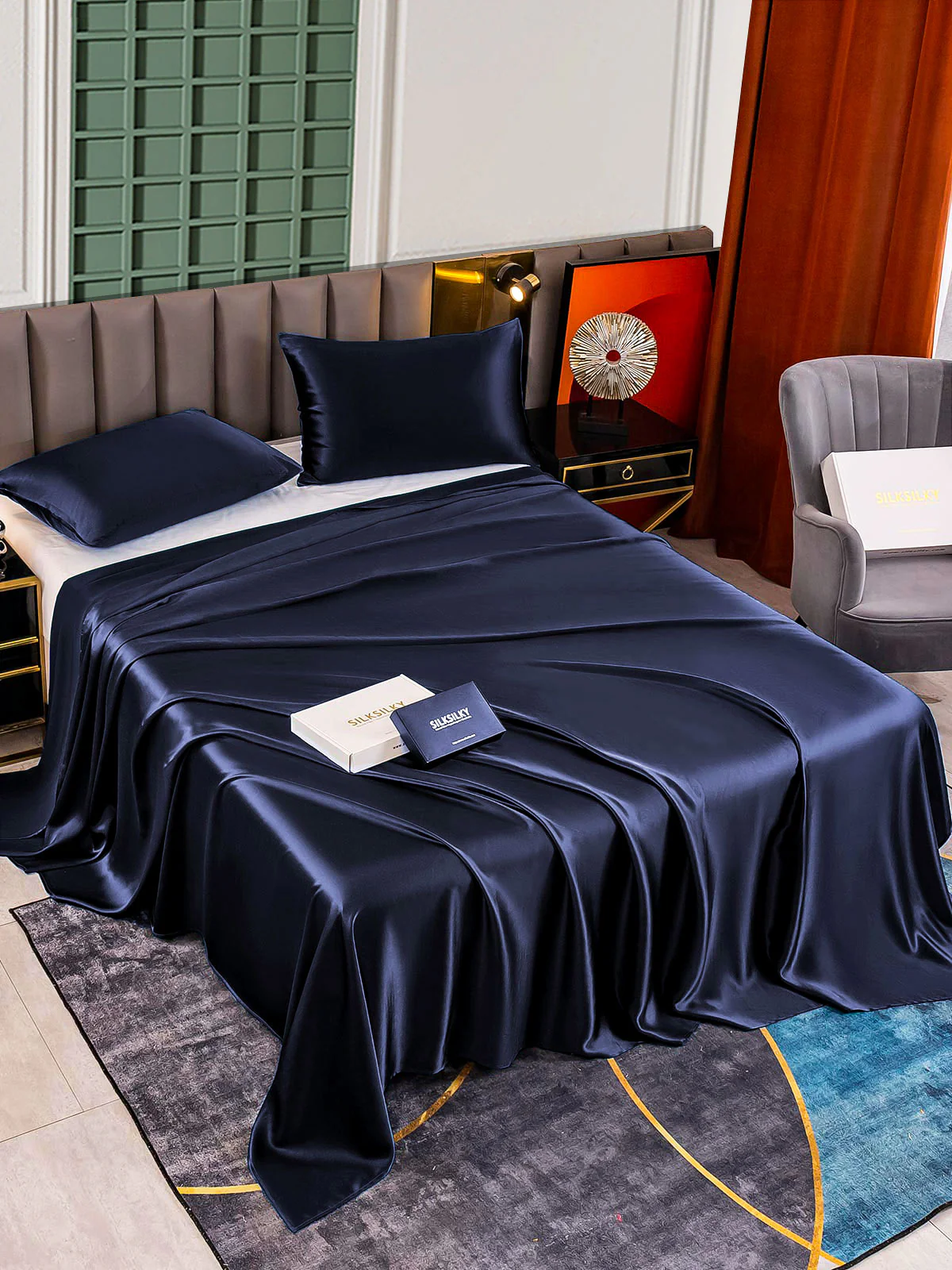 25Momme 3Pcs Set de soie Draps Plat+2x Taies d‘oreiller