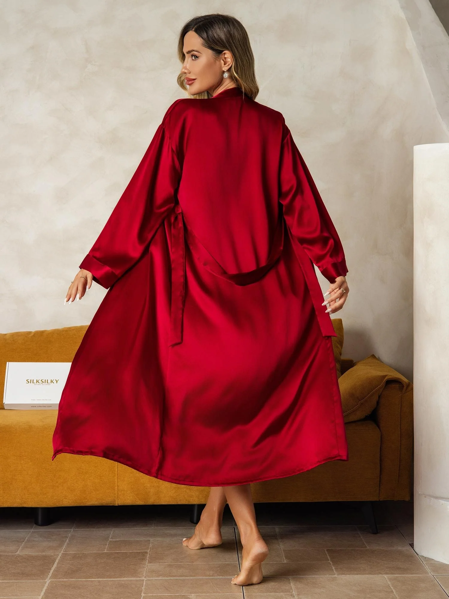 Soie Pure Col en V Longueur Midi Chemises de Nuit & Peignoir, Ensemble 2 Pièces – Image 3