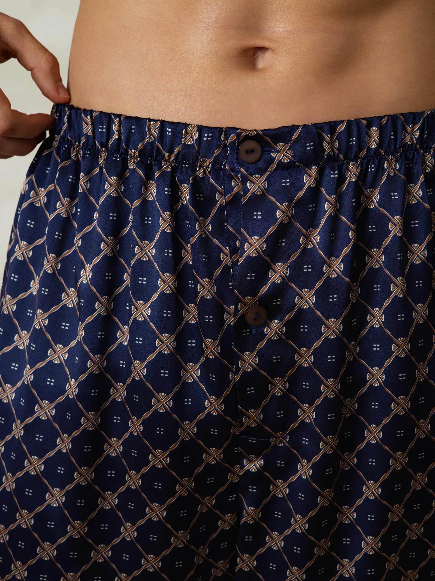 Short De Nuit Pour Homme En Soie Avec Taille Élastique Et Imprimé Chaîne Bleu Marine – Image 6