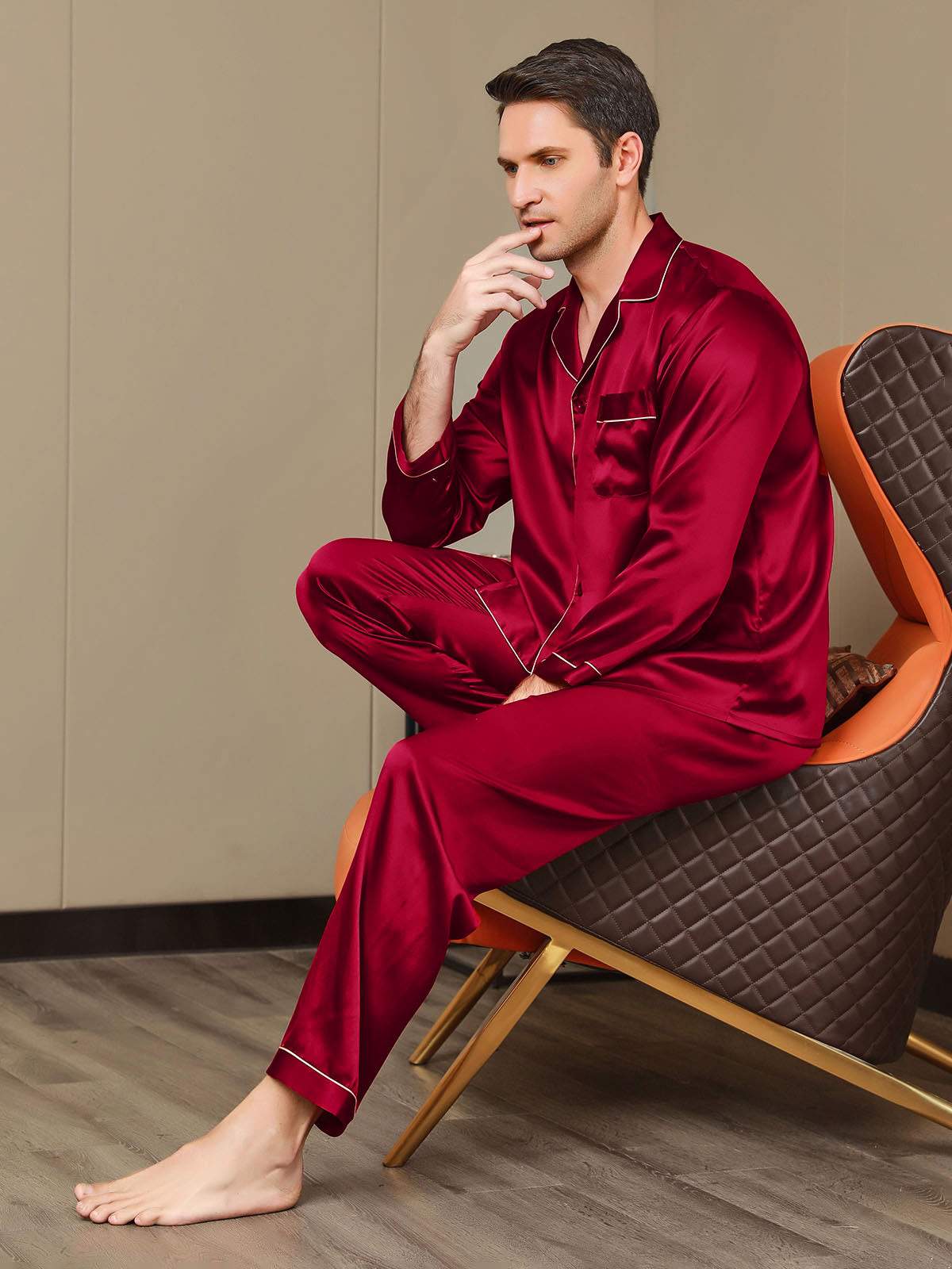Ensemble Pyjama Pour Homme En Pure Soie À Manches Longues Avec Col À Revers – Image 5