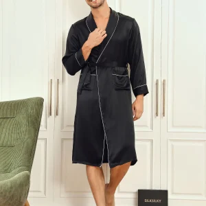 Peignoir Ceinturée à Col Revers En Pure Soie (Sans Pantalon)