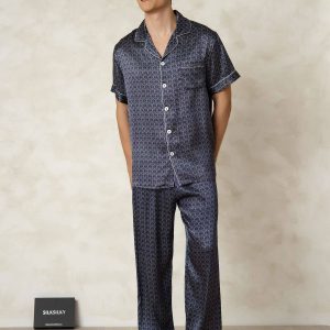Ensemble Pyjama Pour Homme En Pure Soie À Manches Courtes Imprimé Ginkgo Marine Avec Pantalon