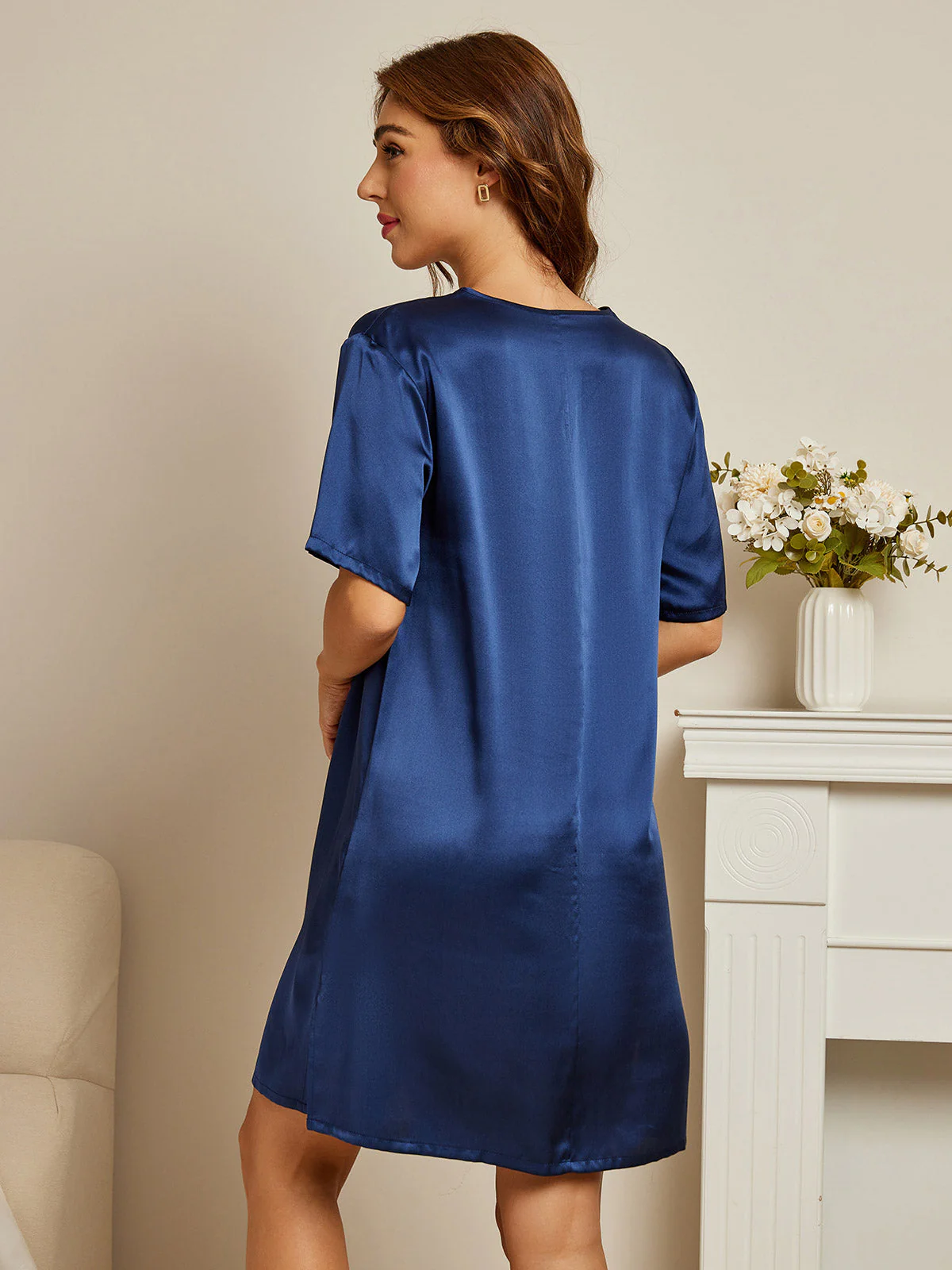 Chemises de nuit Pure Soie Sexy ourlet fendu Manches courtes – Image 2