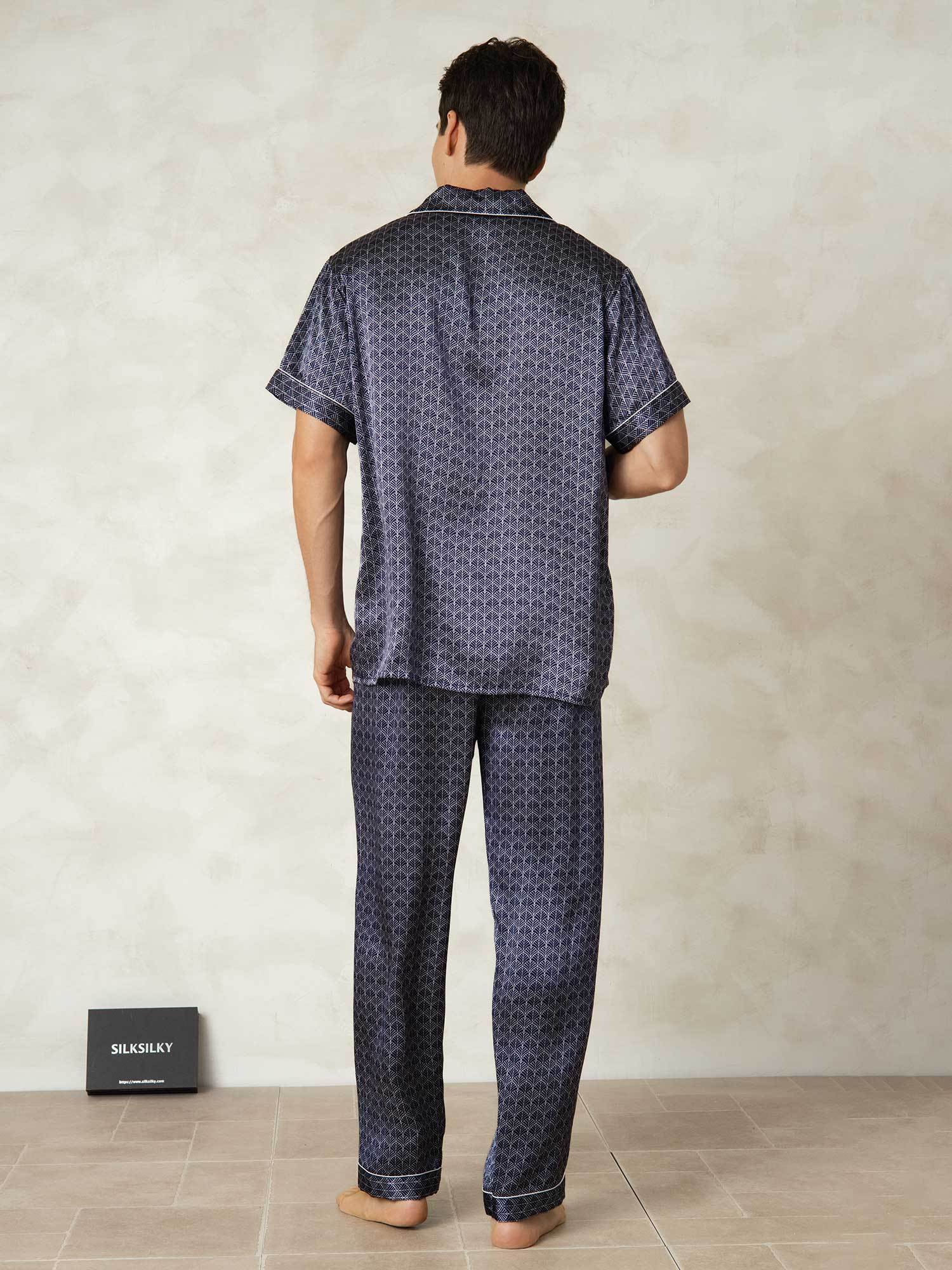 Ensemble Pyjama Pour Homme En Pure Soie À Manches Courtes Imprimé Ginkgo Marine Avec Pantalon
