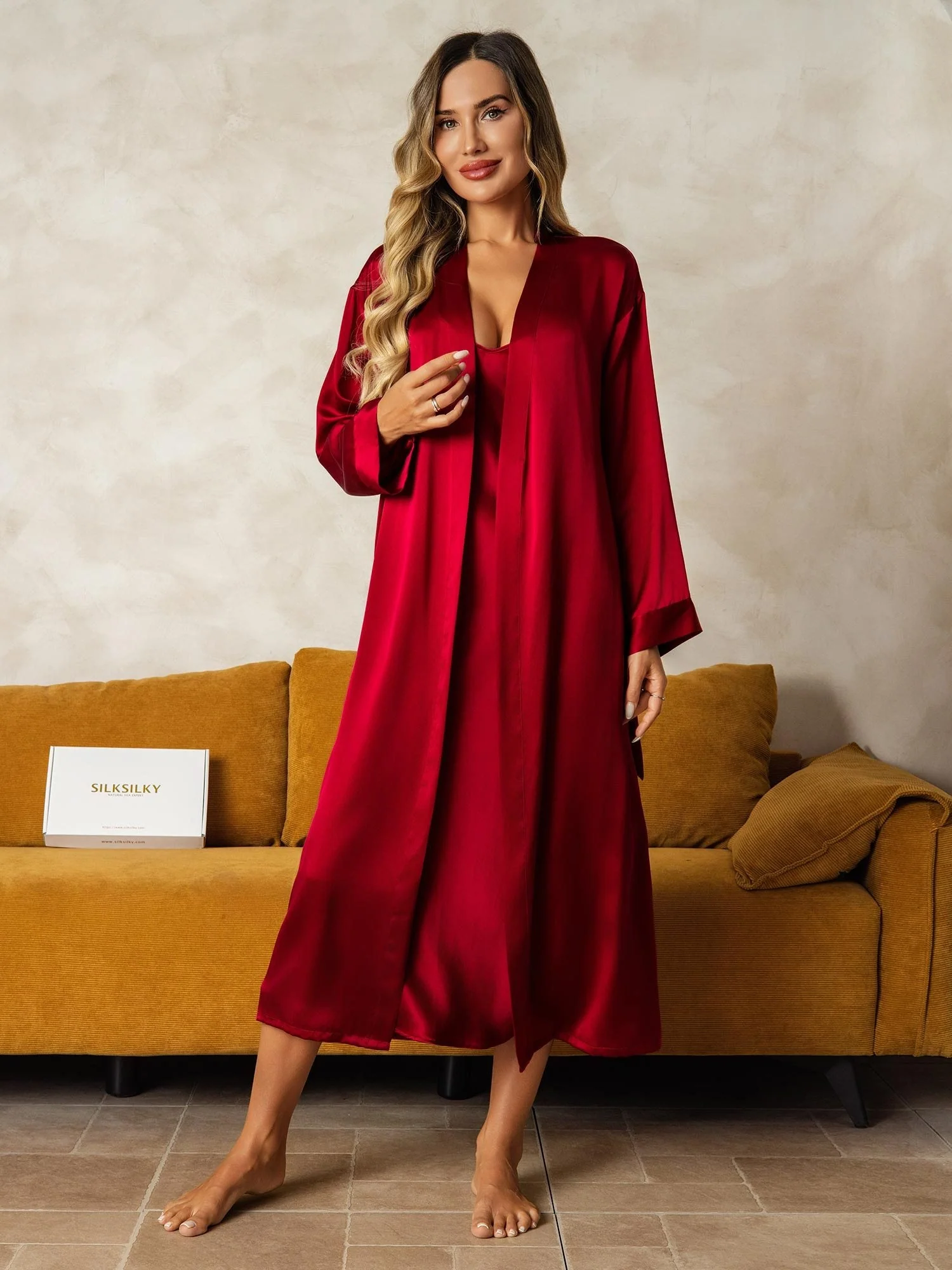 Soie Pure Col en V Longueur Midi Chemises de Nuit & Peignoir, Ensemble 2 Pièces – Image 6
