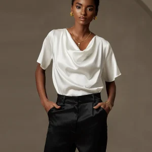 19Momme T-shirt court à col bénitier en soie décontracté