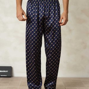 Pantalon De Nuit Pour Homme En Soie Pure Imprimé Chaîne Marine Avec Taille Élastique