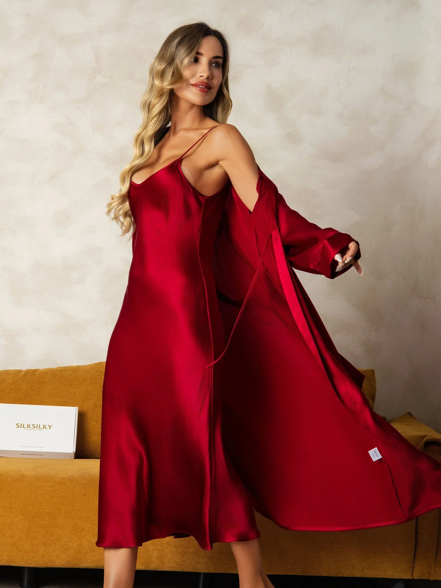 Soie Pure Col en V Longueur Midi Chemises de Nuit & Peignoir, Ensemble 2 Pièces – Image 7