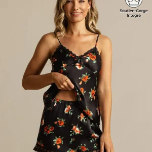 Soie Pure Imprimé Floral Bretelles Spaghetti Camisole Set avec Soutien-Gorge Intégré
