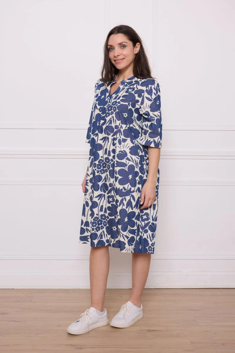 Robe boutonnée fleurie coton bleu et blanc