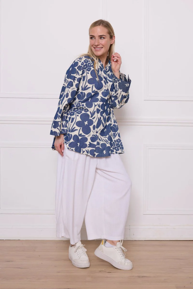 Blouse fleurie coton bleu et blanc