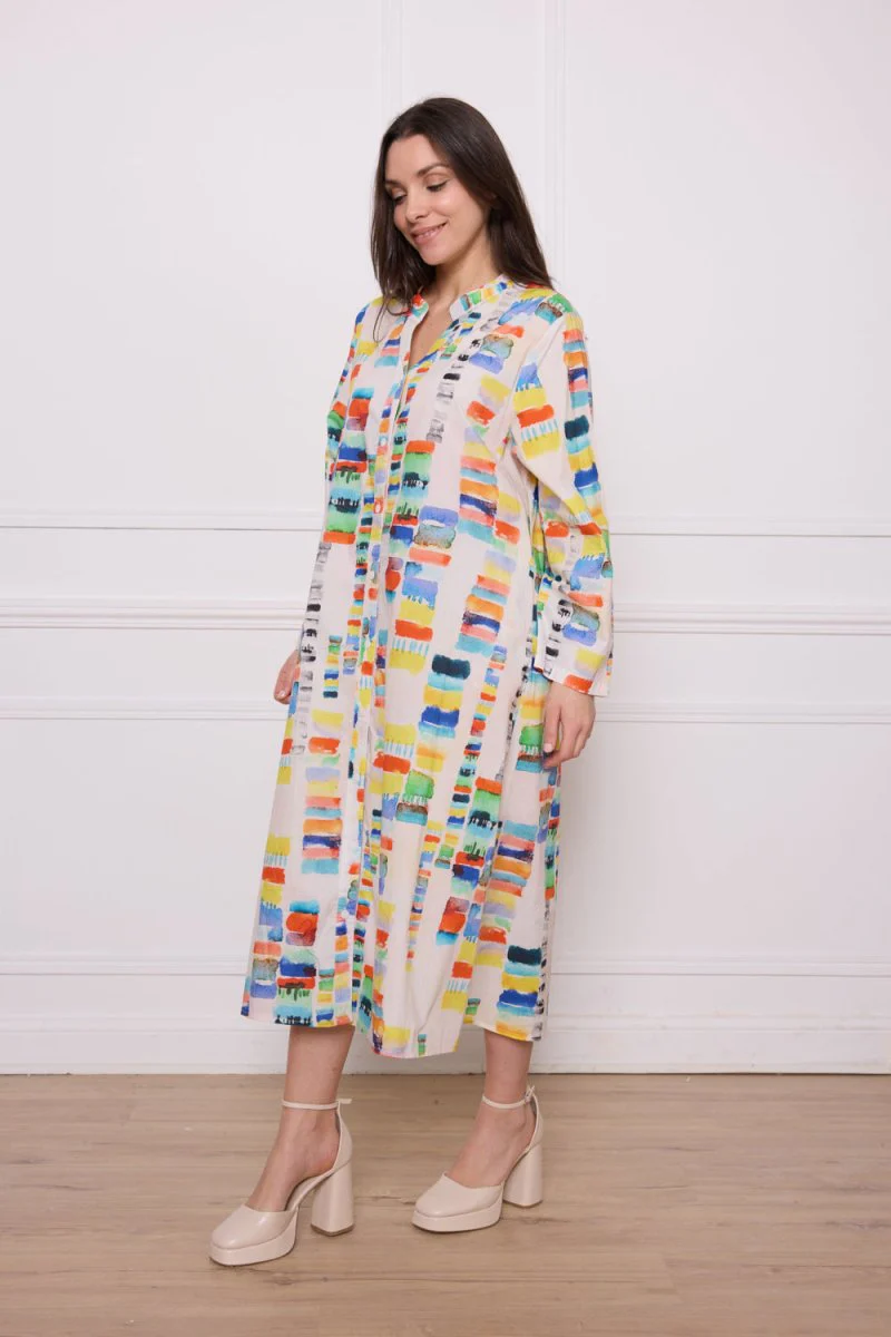 Robe chemise longue en coton à motifs colorés