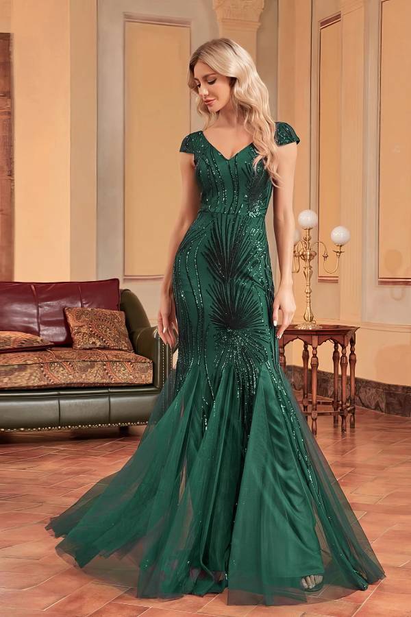 Robe Cocktail Paillette Vert Emeraude – Gloria – Image 5