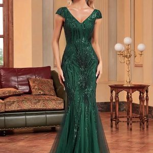 Robe Cocktail Paillette Vert Emeraude – Gloria