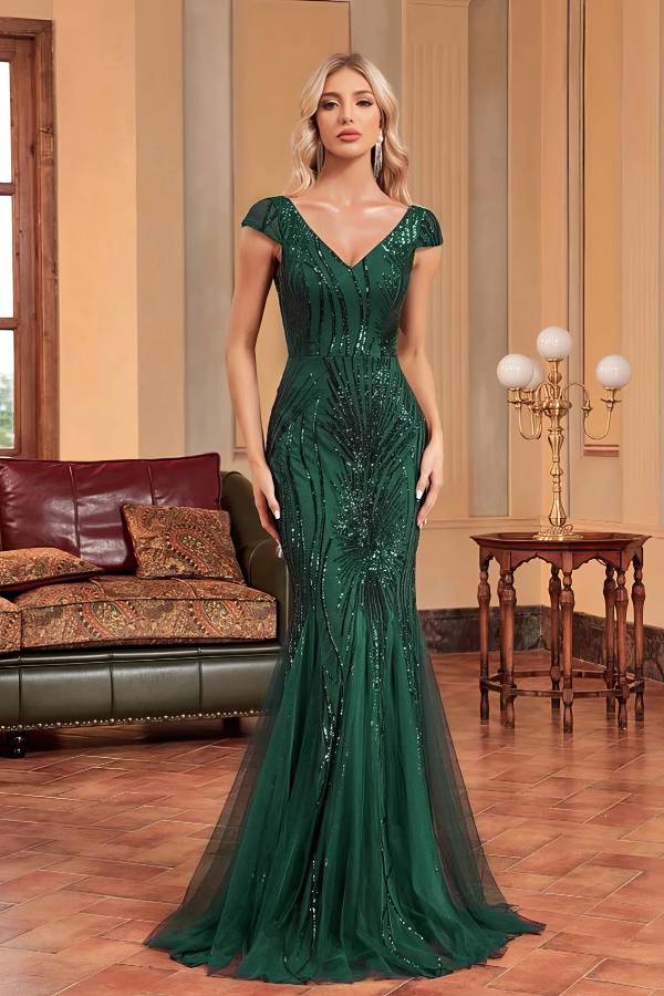 Robe Cocktail Paillette Vert Emeraude – Gloria